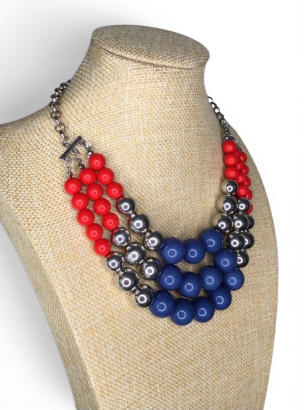 Triple‑Strand Red, Silver & Navy Patriotic Beaded Statement Necklace - Picture 5 of 12